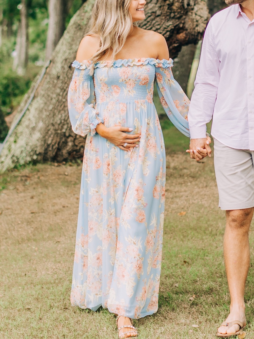 Aakaa Sky Blue Floral Ruffle Maxi Dress